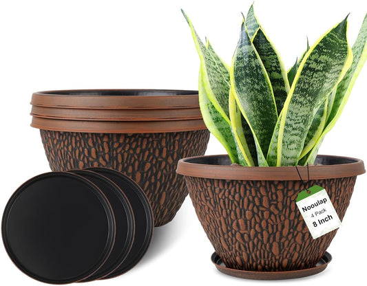 4 Pack Plant Pots Outdoor Indoor, 8 Inch Small Flower Pots with Drainage Hole & Tray, Thickened Plastic Outdoor Planters for Garden House Decor - Pebbles Pattern Design