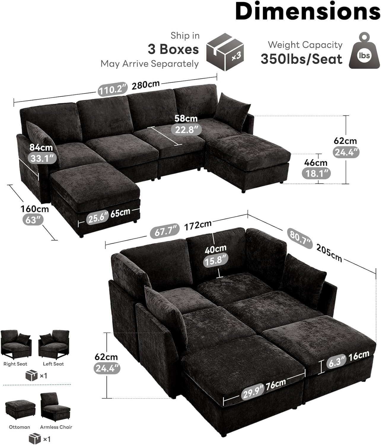 Tbfit Modular Sectional Couch, Sofa for Living Room, Chenille Cloud Couch with Ottoman 6 Seat, Black