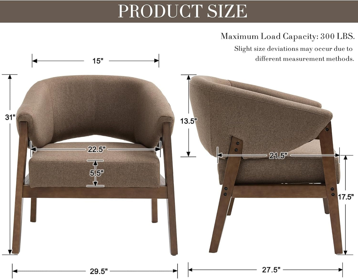 Mid-Century Modern Accent Chairs Set of 2, Comfy Barrel Armchairs with Wide Seat, Upholstered Lounge Chairs with Walnut Wood Legs for Living Room/Bedroom/Reading Corner, Linen Fabric, Brown