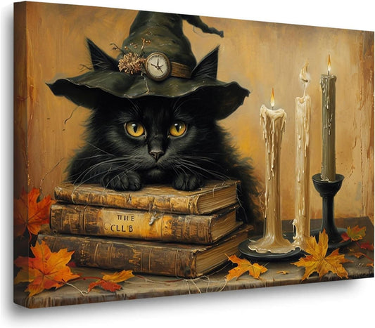Vintage Halloween wall decoration black cat and magic book suitable for home bedroom living room decoration dark classic art witch wall decoration8x12in Wood Framed