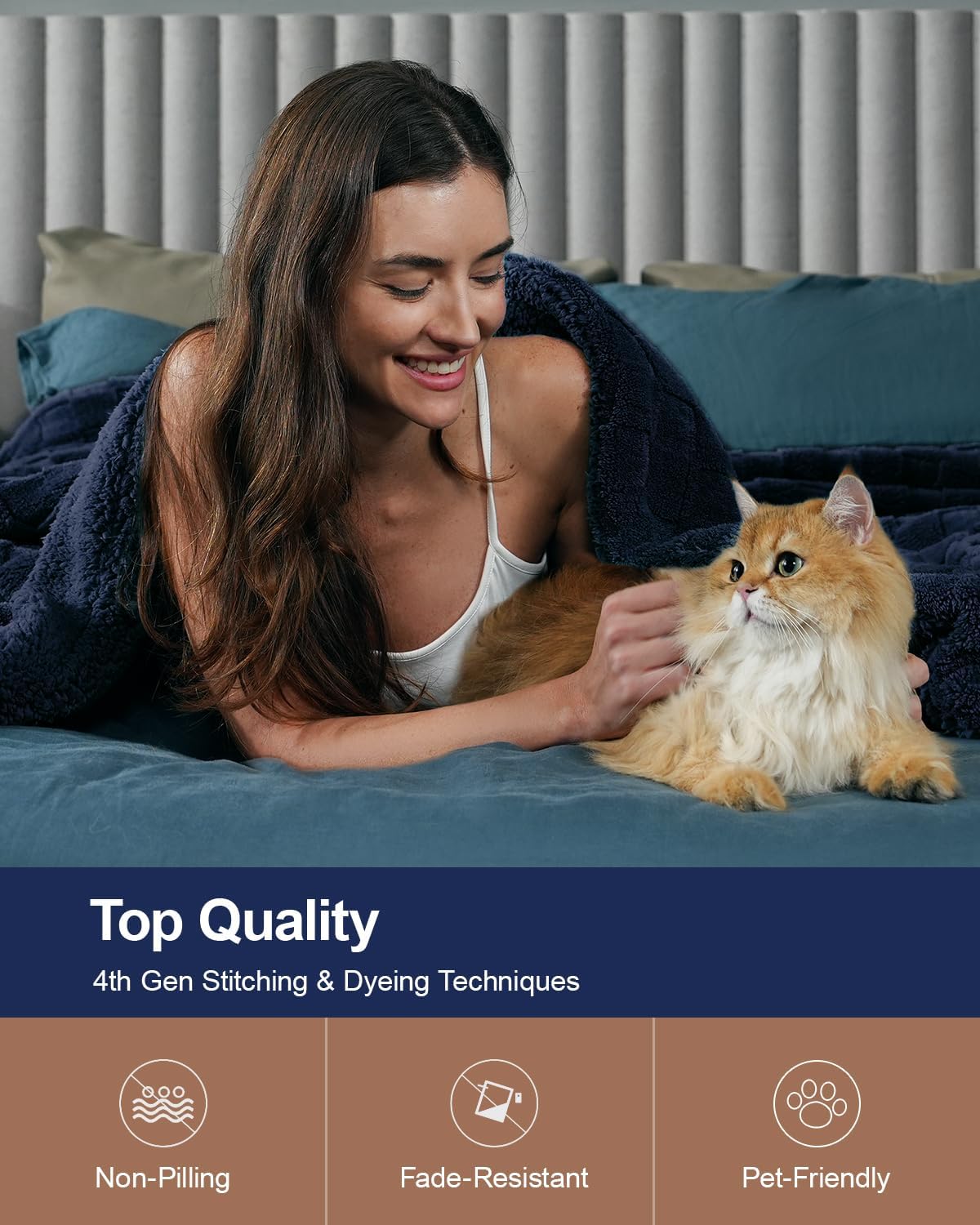 Pawque Super Soft Cozy Throw Blanket King Size for Couch Bed, Fluffy Sherpa Fleece Reversible Thick Warm Fuzzy Blanket for All-Season, 3D Checkered Jacquard Decorative Blankets, Navy Blue, 108"x90"