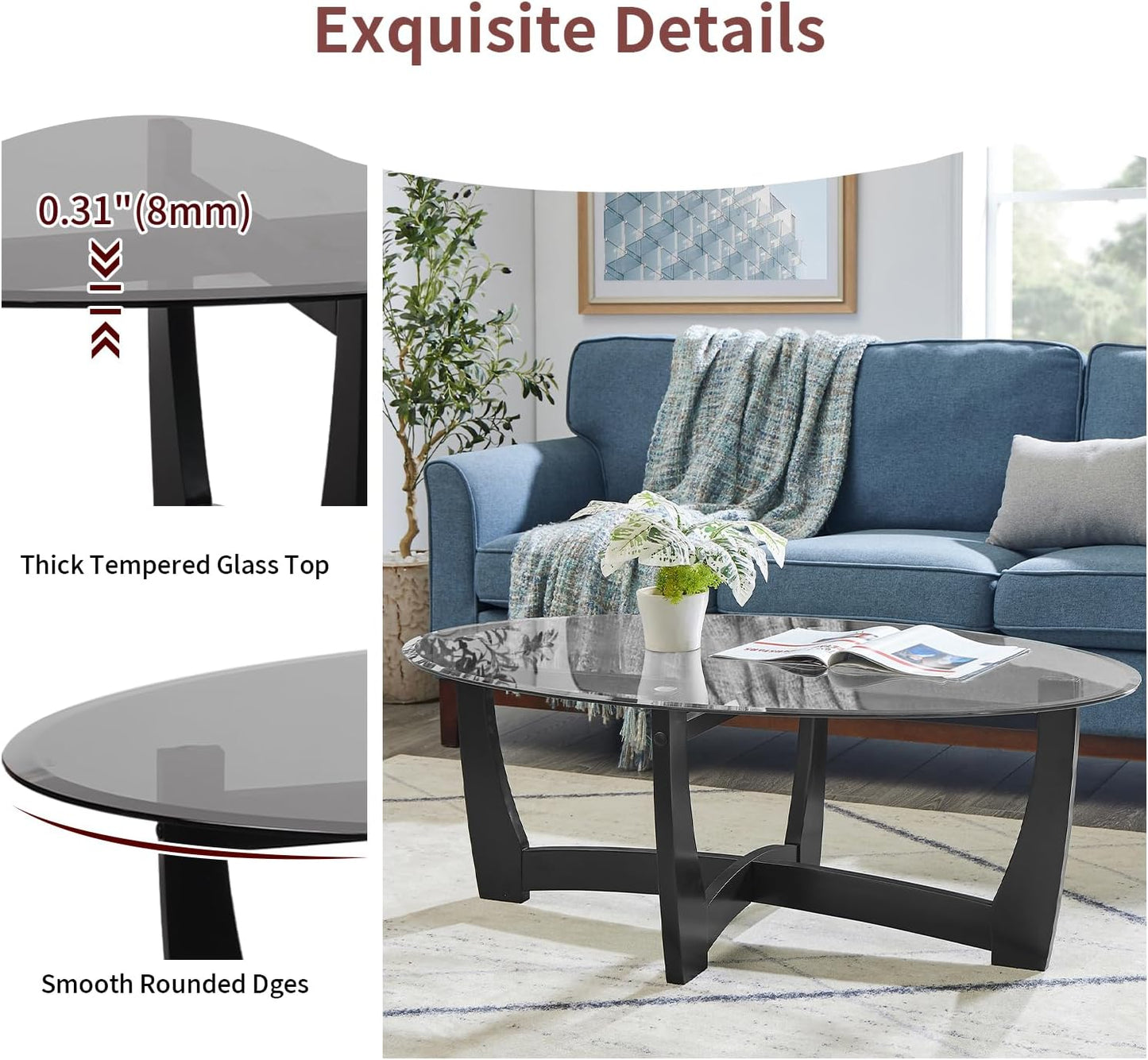 48" Oval Glass Coffee Table with Black Tempered Glass Top Cross and Solid Wood Base Simple & Modern Center Table for Living Room Office Apartment Black