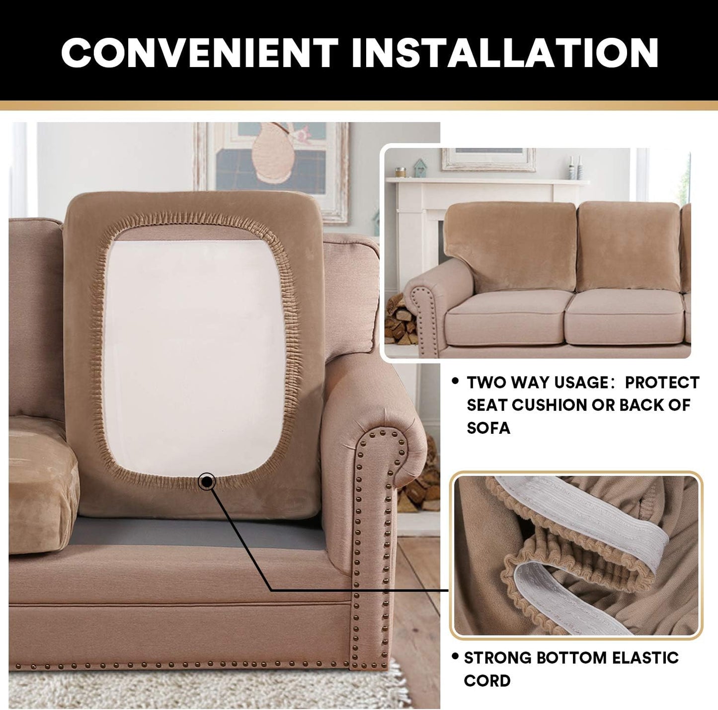 PrinceDeco Stretch Velvet Couch Cushion Cover,Soft Cushion Slipcover for Chair Cushion Furniture Protector Seat Cushion Sofa Cover Width Up to 29.5", Camel