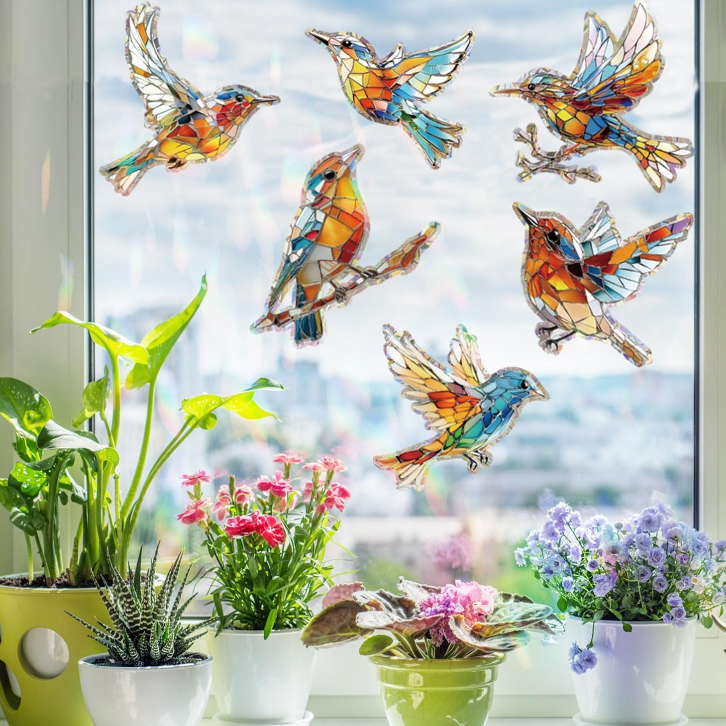 12pcs Window Decals for Bird Strikes, Anti Collision Window Clings, Rainbow Reflection Window Sticker, Hummingbird Style Sun Catcher Stickers for Glass Windows