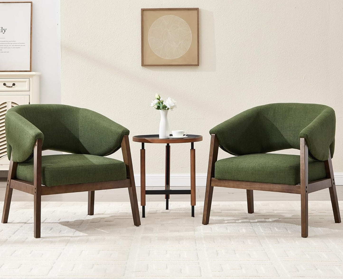Mid-Century Modern Accent Chairs Set of 2, Comfy Barrel Armchairs with Wide Seat, Upholstered Lounge Chairs with Walnut Wood Legs for Living Room/Bedroom/Reading Corner, Linen Fabric, Deep Green