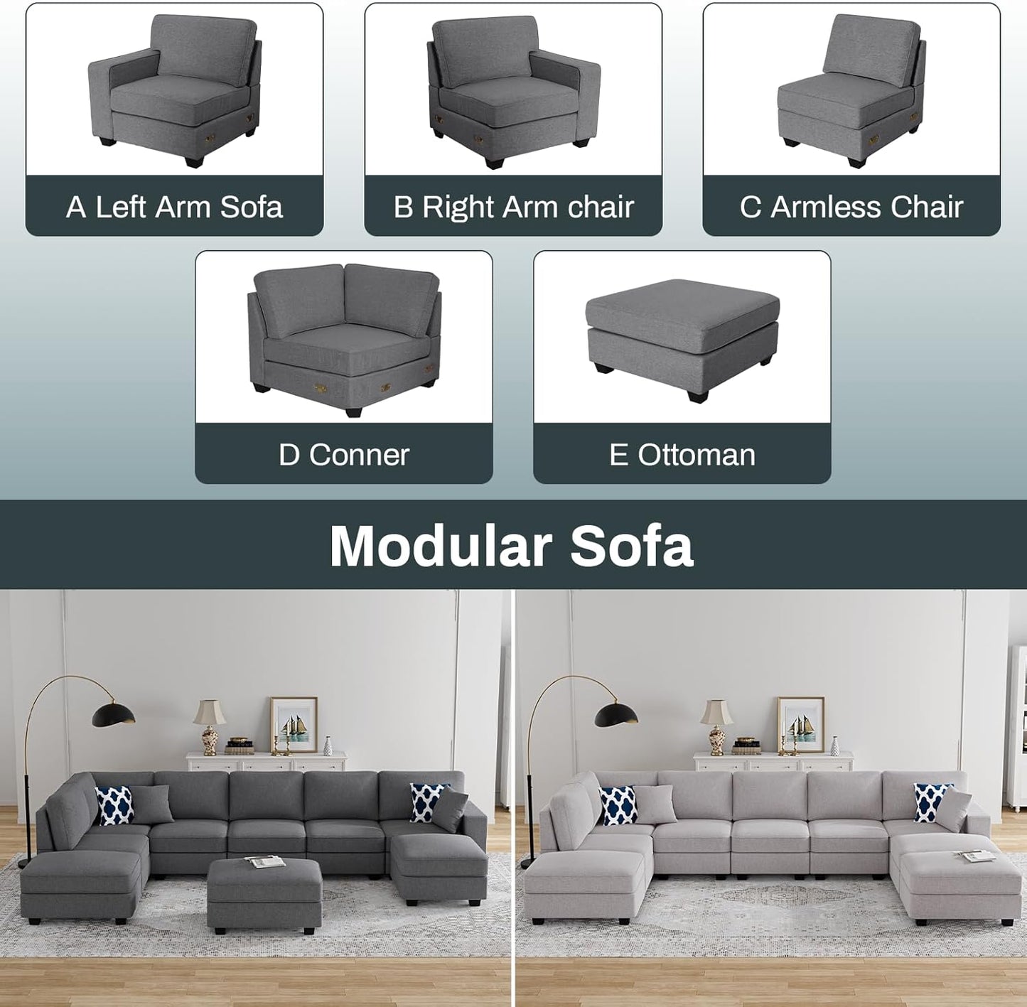 L Lengend Vansen Modular Sectional Sofa U Shaped Couch with Ottoman Modern Reversible Corner Sectional Couch for Living Room (Dark Grey, U Shaped Sofa-4)