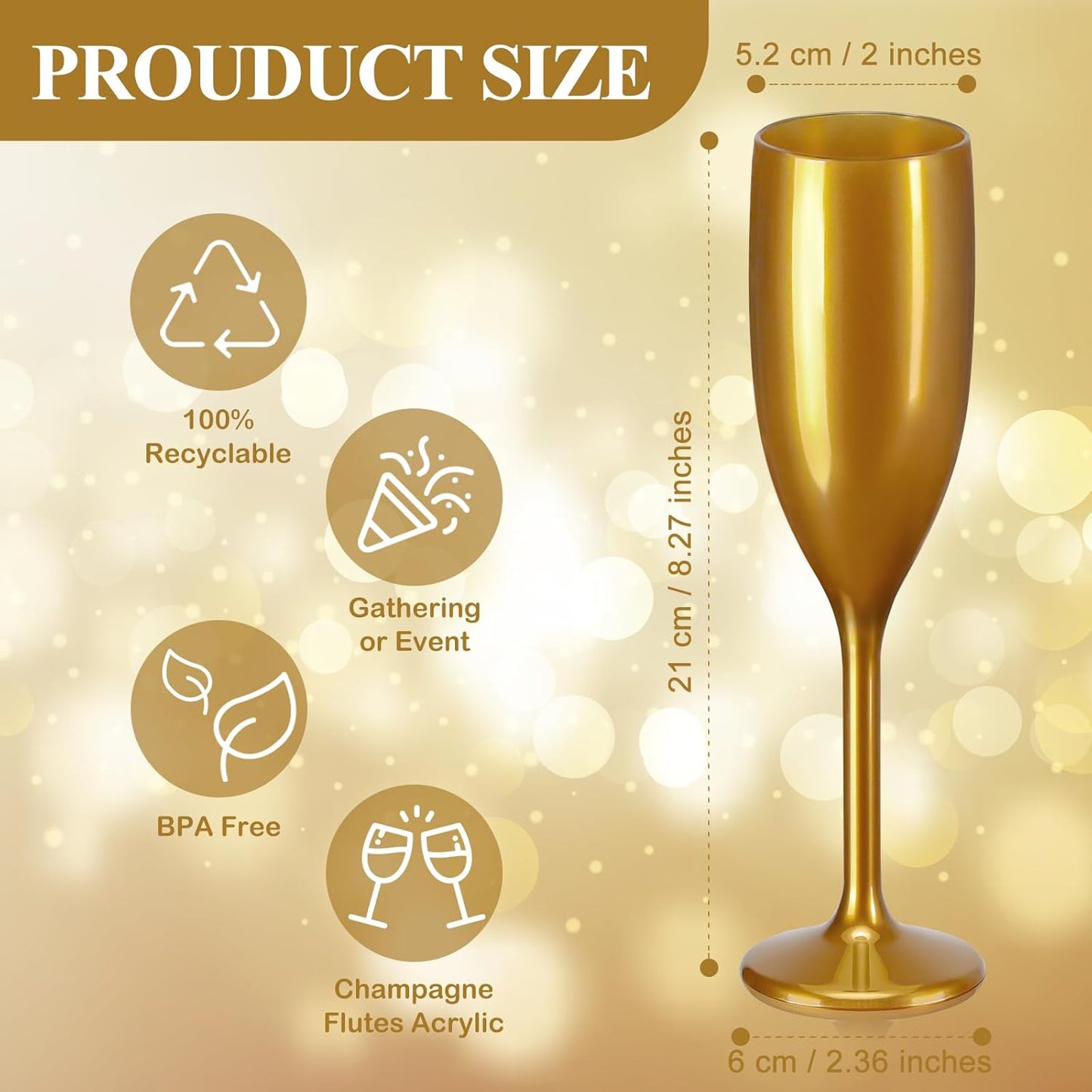 XUWAIDSGN Acrylic Champagne Flutes Toasting Glasses Unbreakable Mimosa Bar Reusable Wine Glasses Vintage Champagne Flutes Stemmed Drinking Cups 5.4 OZ for Christmas Birthday (10, Gold)