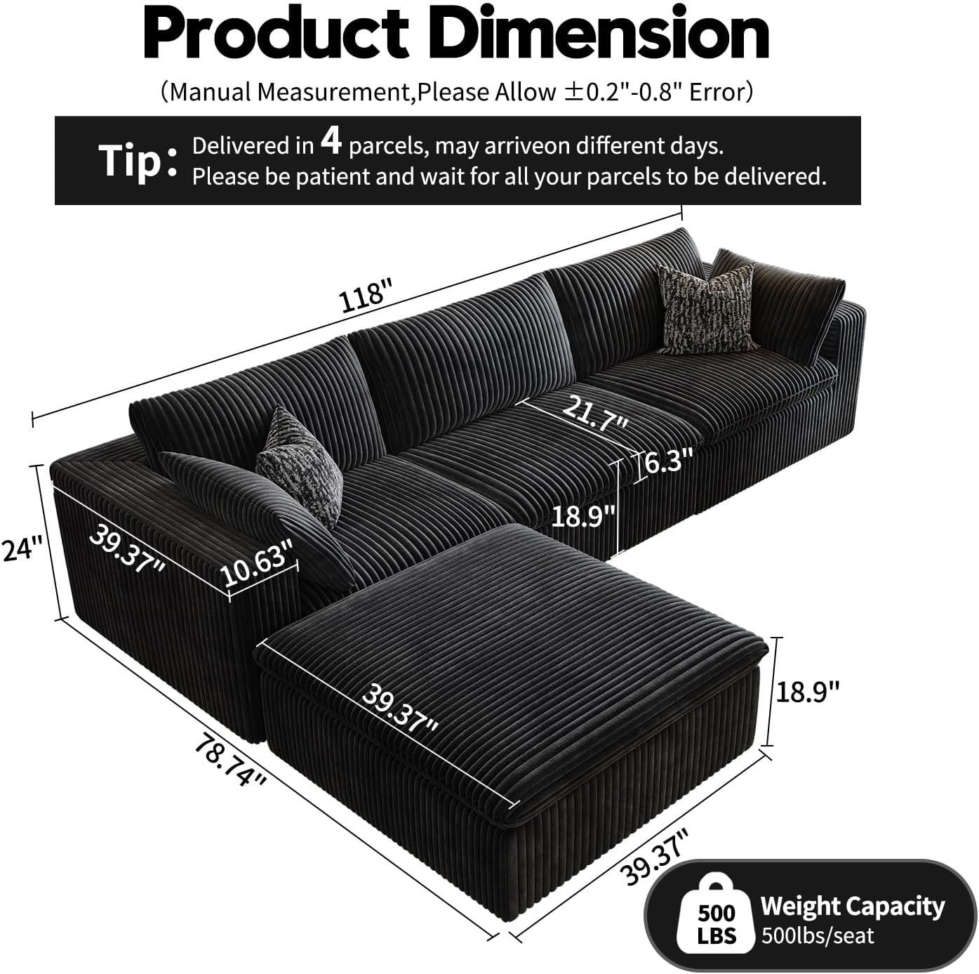 118" Cloud Couch Modular Sectional Sofa for Living Room,Modern Sofa with Deep Seat，L-Shape Boneless Couch with Ottoman,Comfy Upholstered Corduroy Couches for Apartment, Studio, Office,Bedroom，Black