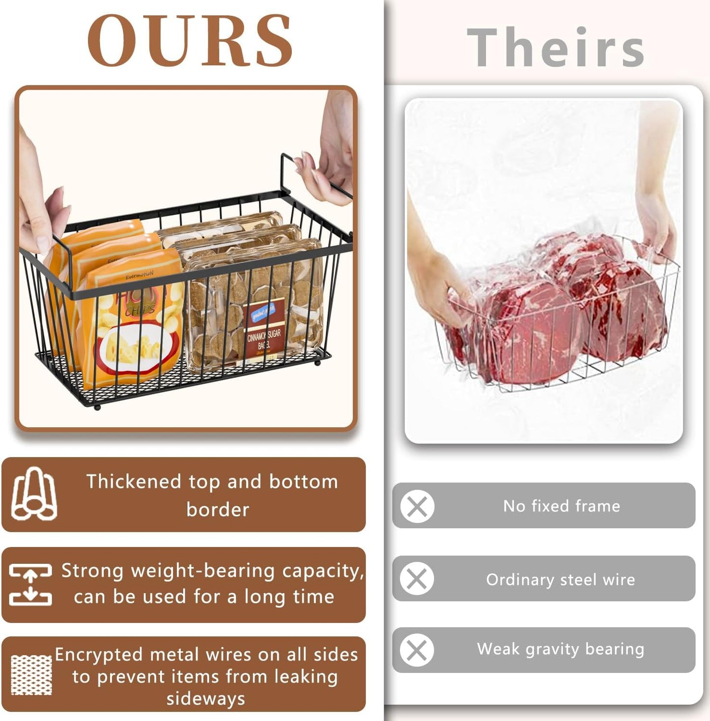 Freezer Organizer Bins，Upgraded Bottom Leak-Proof net，4 Pack，Encryption and Hardening ，Deep Freezer Organizer Bins for 5 to 7 Cu.FT Small Chest Freezer， Easy Get Bottom Foods