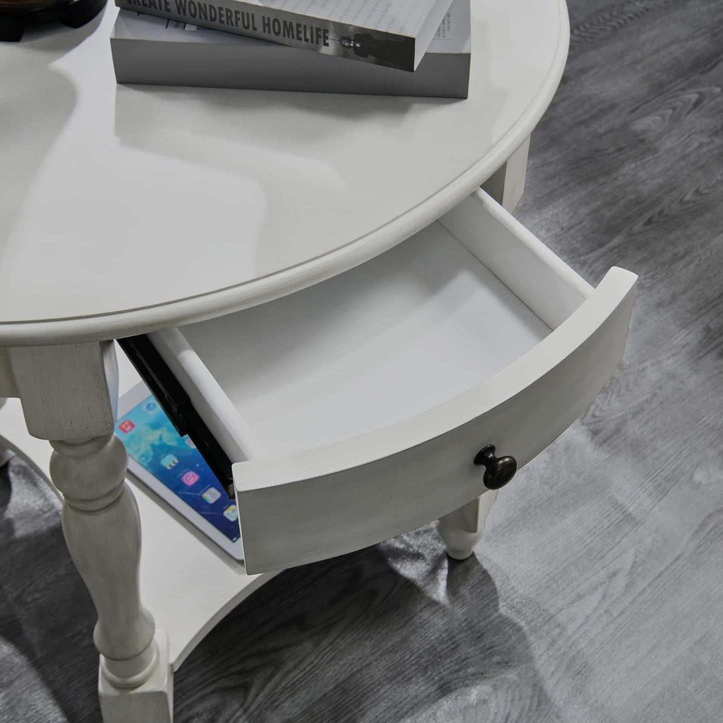 MODERION Oval End Table with Drawer, Solid Wood Sofa Side Storage Shelf, Traditional Living Room Corner Table, Nightstand, Easy Assembly 28INCH x 22INCH 24INCH Antique Walnut CJZ2233RW White