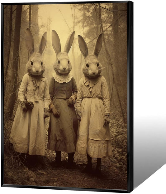 Vintage Horror Spooky Three Rabbits In Occult Forest Spooky Canvas Wall Art Poster Gothic Dark Academia Decorations Room Creepy Print Retro Halloween Wall Decor 24X36inch Aluminum Framed