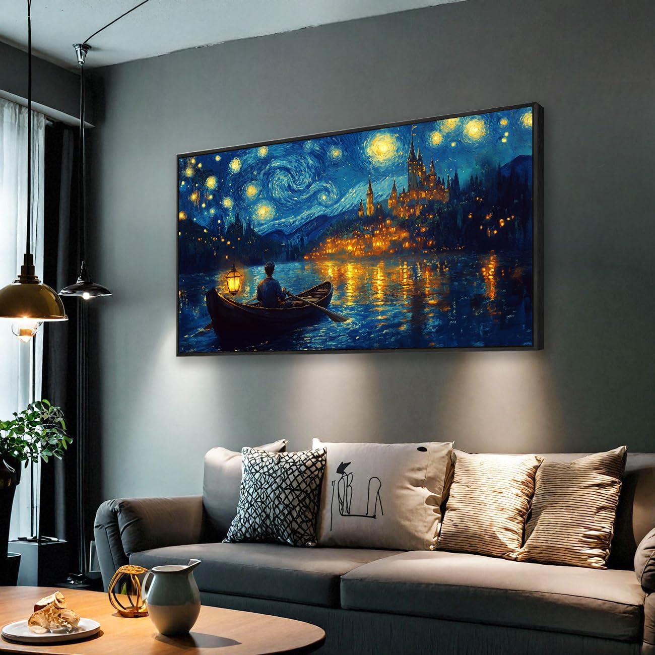 Wall Art Canvas Print Starry Night Over the Rhone by Van Gogh 30 x 58 inches Framed Home Artwork Decor Canvas Art Painting Living Room for Bedroom Office Wall Decor