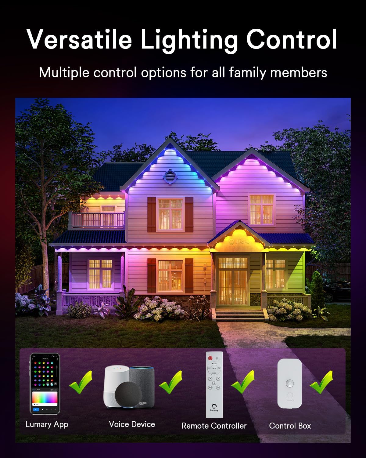 Lumary Permanent Outdoor Lights Max 53ft with 40 LED Eave Lights RGBAICW 2400LM, IP67 Waterproof, IC Control and Scene Modes for Halloween Christmas Decoration, Works with Alexa and Google Assistant