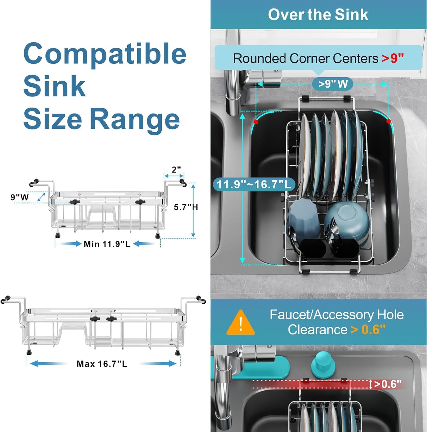 GSlife Expandable in Sink Small Dish Drying Rack - Stainless Steel Capacity Adjustable Over The Sink Dish Rack with Utensil Holder, 11.9“-16.7” L x 9" W x 5.7" H, Silver