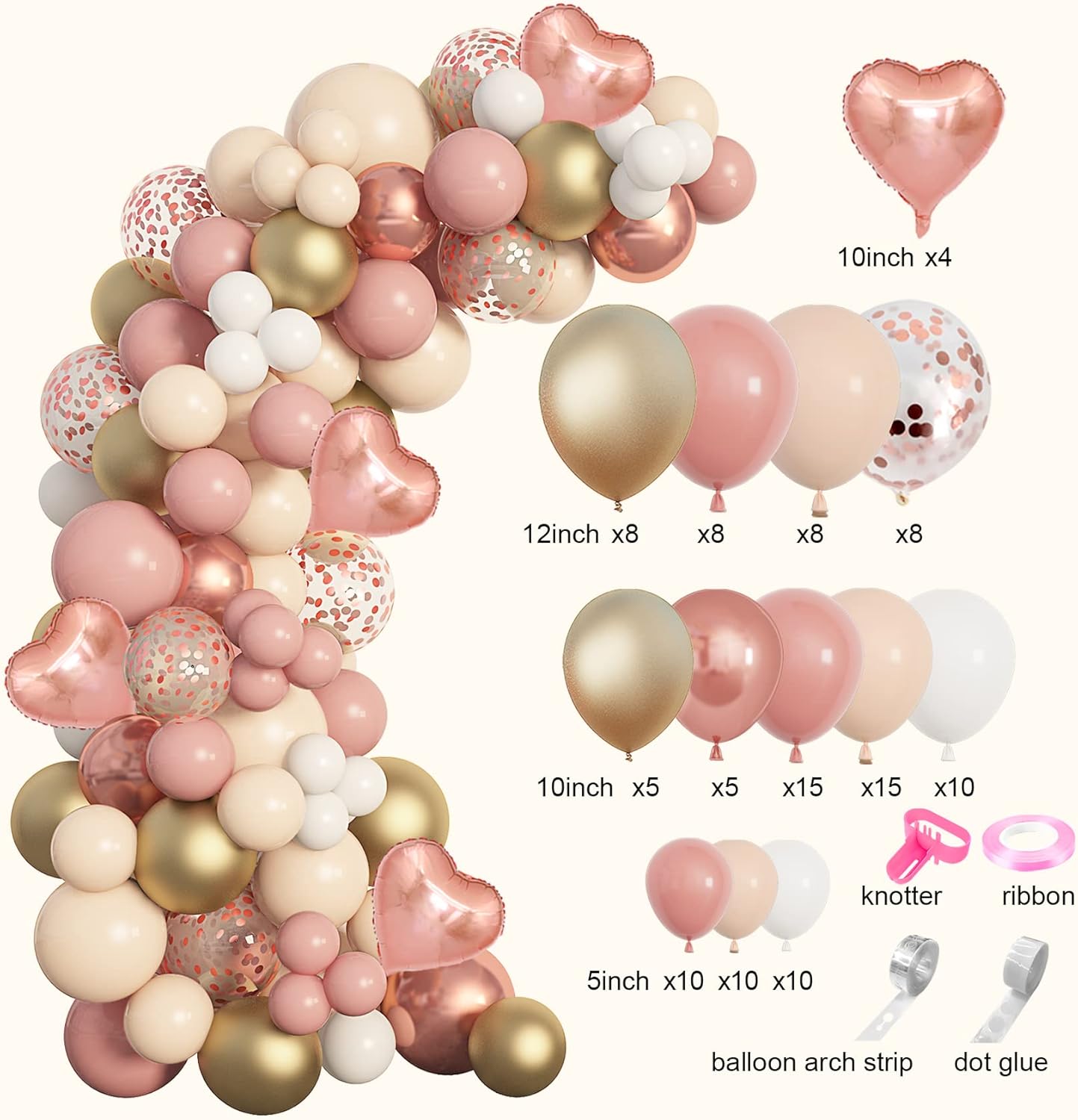 Amandir 153Pcs Boho Blush Balloon Garland Arch Kit, Double-Stuffed Nude Cream Peach Dusty Rose Pink Gold Confetti Metallic Balloon for Baby Shower Birthday Party Wedding Decorations