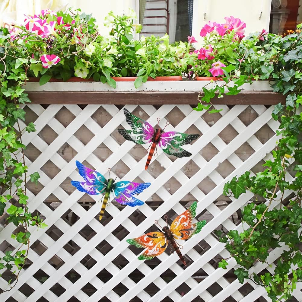 Metal Dragonfly Wall Decor, 3 Pack Colorful Dragonfly Outdoor Decor, Metal Outdoor Wall Art for Garden, Patio, Yard, Fence, Outside