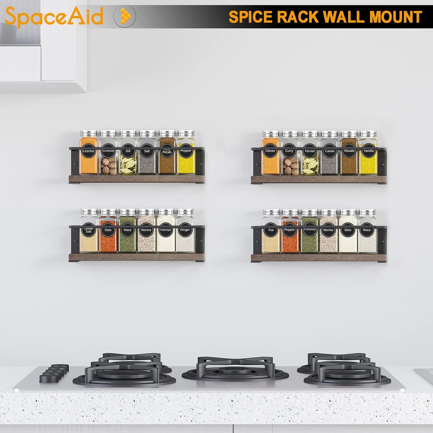 SpaceAid Spice Rack with 24 Spice Jars, 386 Spice Labels, Chalk Marker and Funnel, Wood Hanging Seasoning Shelf for Cabinet Door or Wall Mount (4 Pack)