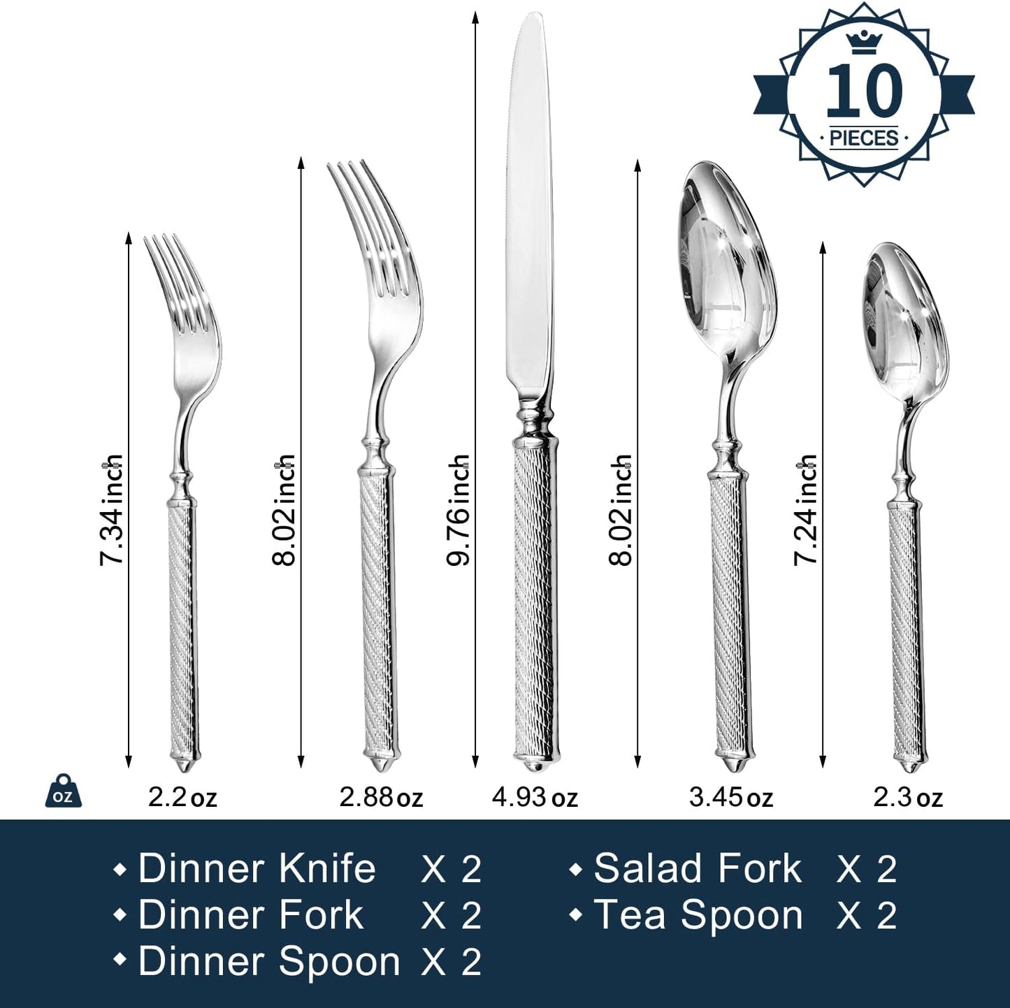 KINGSTONE Retro Rope-Pattern Silverware Set, 10-Piece Flatware Set Cutlery Set Forged with Handcrafted Texture Handles 18/10 Stainless Steel, Dishwasher Safe