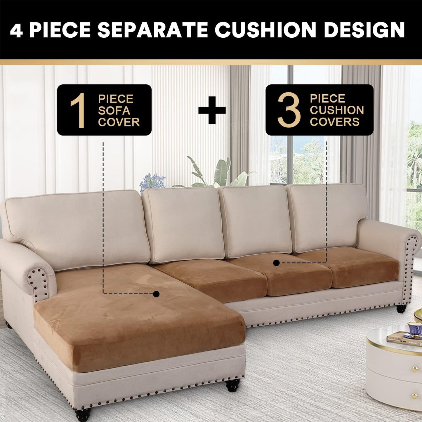 PrinceDeco Sectional Couch Covers 4 Pieces Couch Covers for Sofa Velvet Separate Couch Cover L Shape for Left/Right Chaise(3 Seater + 1 Chaise,Camel)