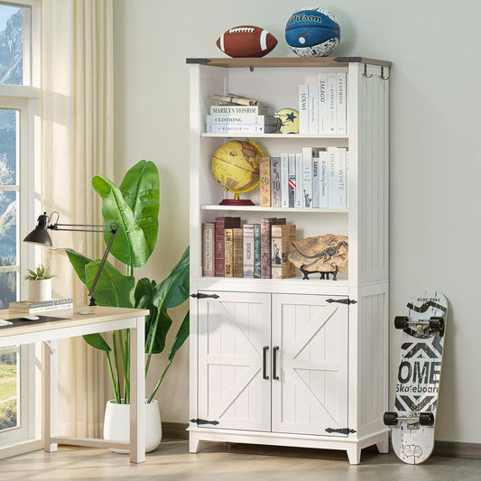 5 Tier Bookshelf 70in Tall Bookcase with Barn Doors and Storage Cabinet, White Farmhouse Book Shelf with Adjustable Shelves, Wood Freestanding Display Bookshelves for Bedroom, Living Room