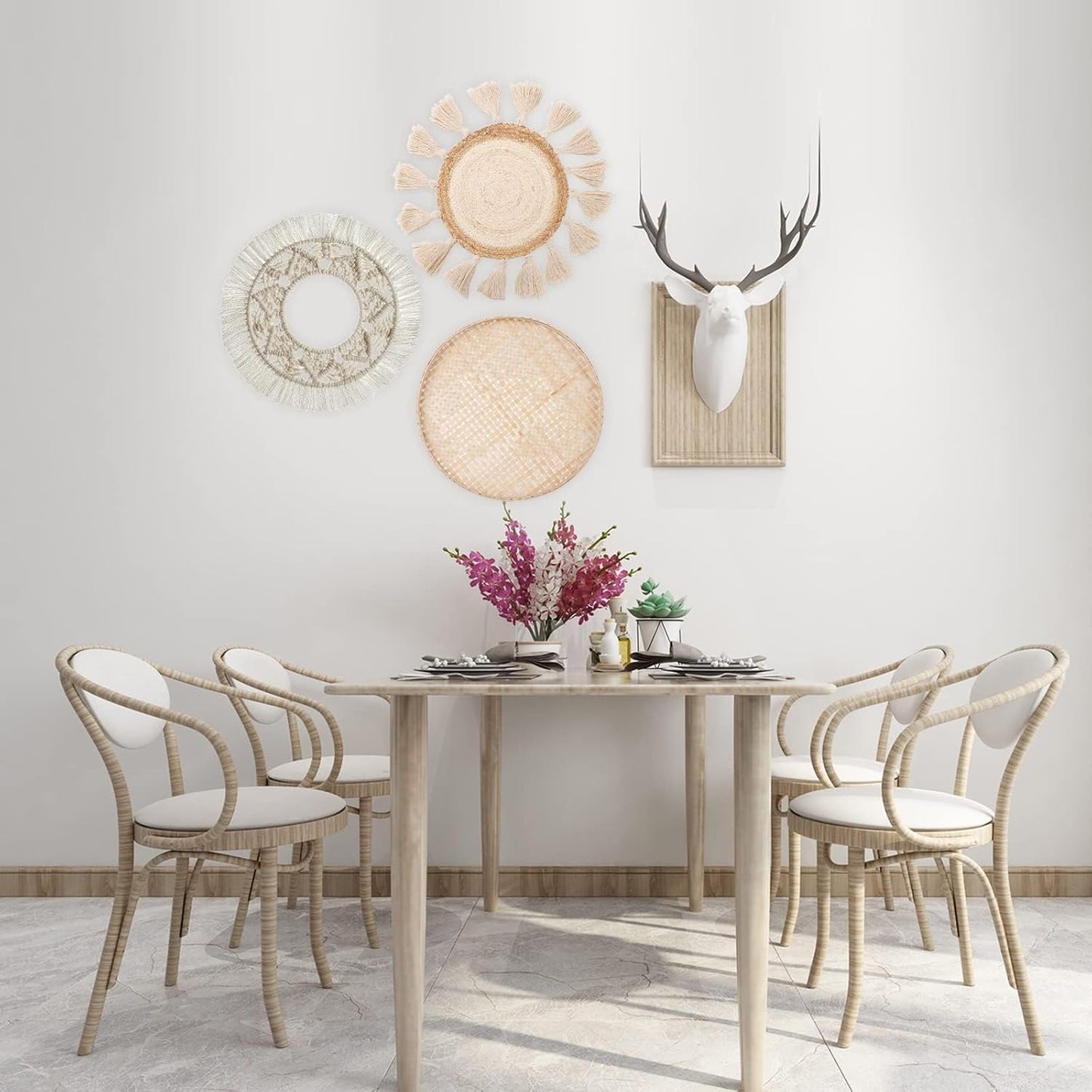 LOCS MICRAI Boho Wall Basket Decor Set of 3 - Flat Woven Basket Wall Hanging Decor,Round Tassels White Macrame Tapestry Wall Decor Art,Handmade Rattan Wicker Seagrass Home Wall Baskets Decor