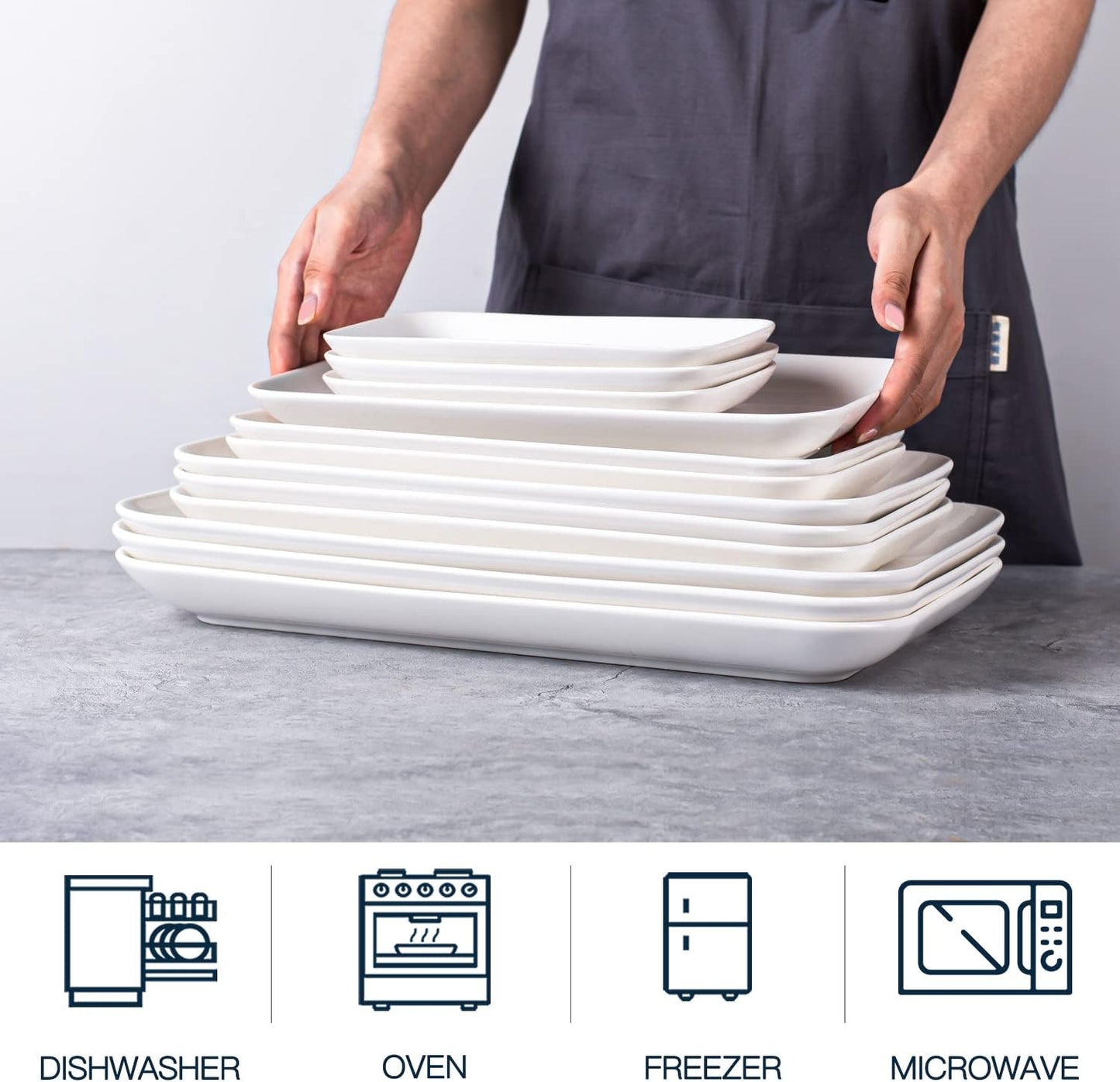 DELLING 8in White Rectangular Serving Plates-Large Serving Platter Set Salad Plates - Big Serving Trays for Parties Meat, Sushi, Dinner Plate Oven Safe Dinnerware Set of 3