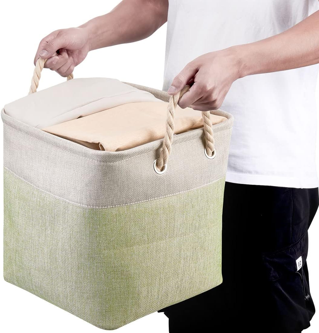 i BKGOO 3Pack Large Foldable Storage Bins，Collapsible Sturdy Cationic Fabric Organizing Storage Basket Cube with Cotton Handles for Home Office Shelf Clothes Toys Beige-Green 13×13×13 inch