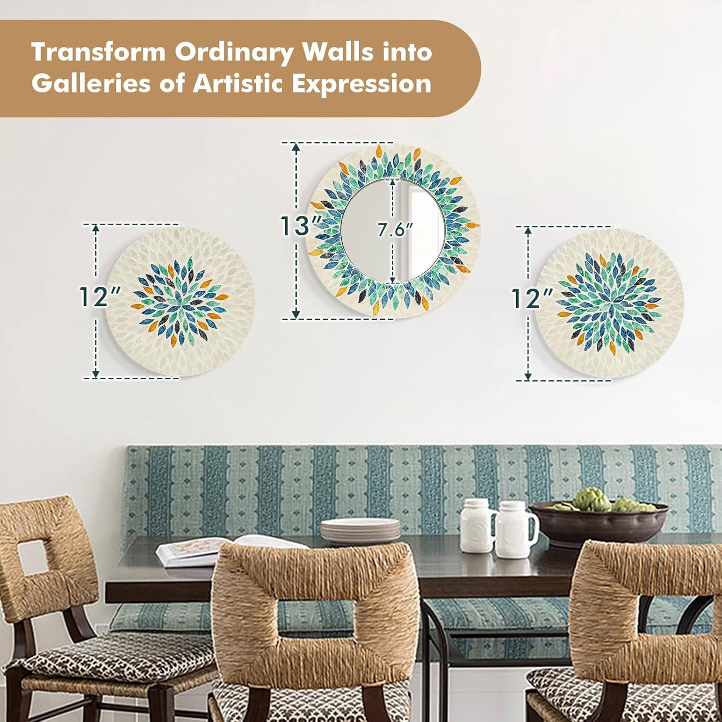 TEIPAI Jewel-Tone Mother of Pearl Mirror Wall Decor for Living Room, 3PCS Handmade Round Wall Art for Home Guest Room Decoration, Unique Mosaic Art Gift for Birthday Wedding Housewarming (Colored)