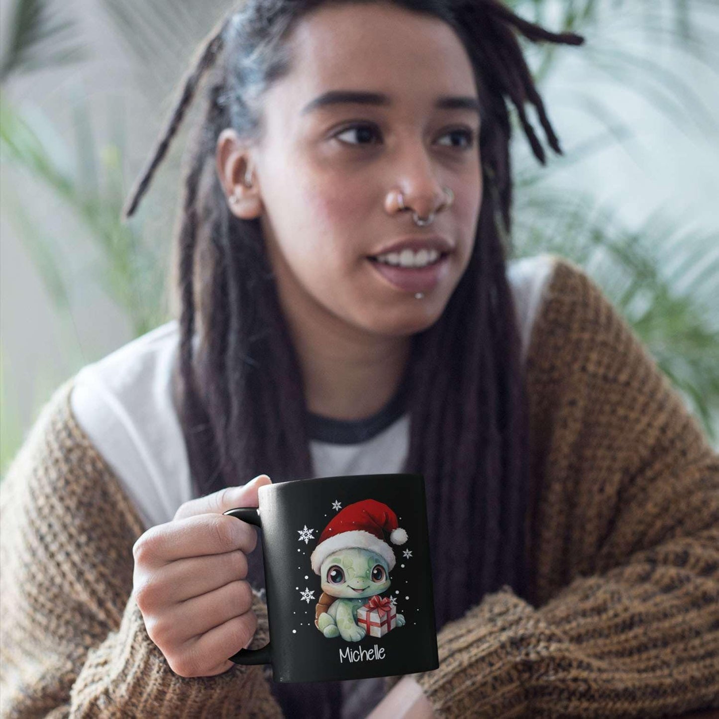 Coffee Mug With Xmas Turtle Design, Personalized Turtle Wearing Santa Hat Cup, Cute Baby Animal Black Mug 11oz 15oz, Custom Christmas Ceramic Cup, Customized Christmas Animal Mug Gift