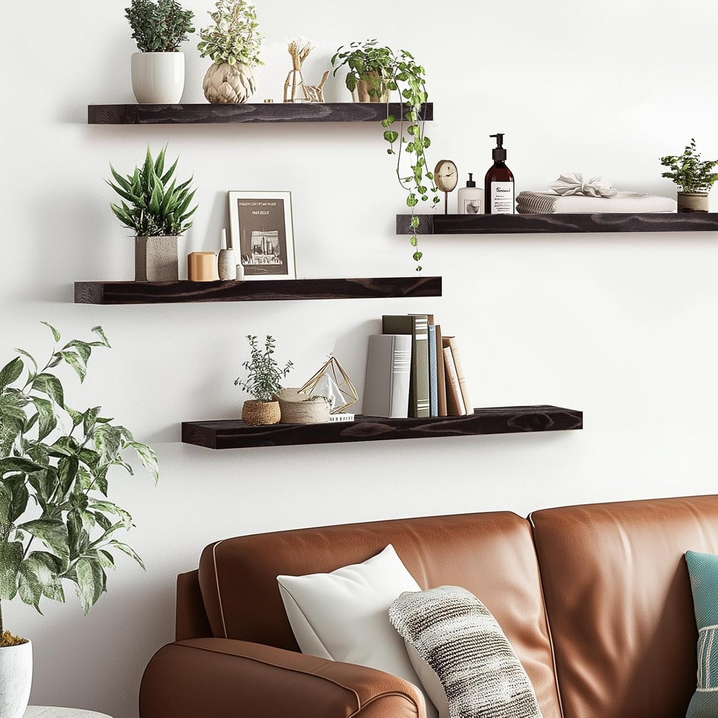 Floating Wall Shelves 4-Pack - Rustic Black 16-inch Wooden Wall Shelves for Storage and Décor, Multi-Functional and Easy to Install for Living Room, Bedroom, and Kitchen