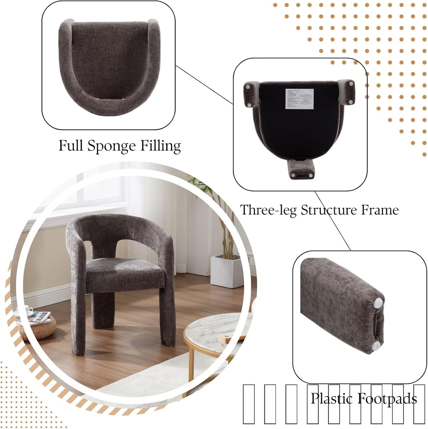 Charcoal Grey Chenille Dining Chairs Set of 2, Modern Barrel Dining Room Chairs Upholstered Accent Chair with Arms and Round Back for Living Room Kitchen Armchair No Assembly Needed