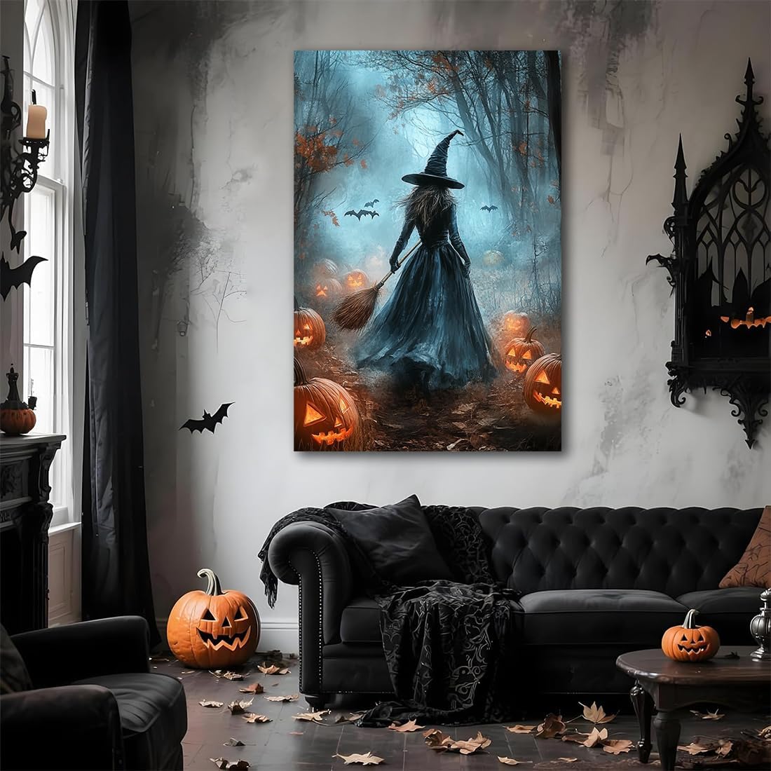 Vintage Moody Halloween Witch Artwork Wall Decor,Spooky Halloween Gothic Canvas Artwork Creepy Horror Witch with A Broom Pumpkin Bats Rustic Forest Picture,Dark Academia Poster,12"x18" Framed