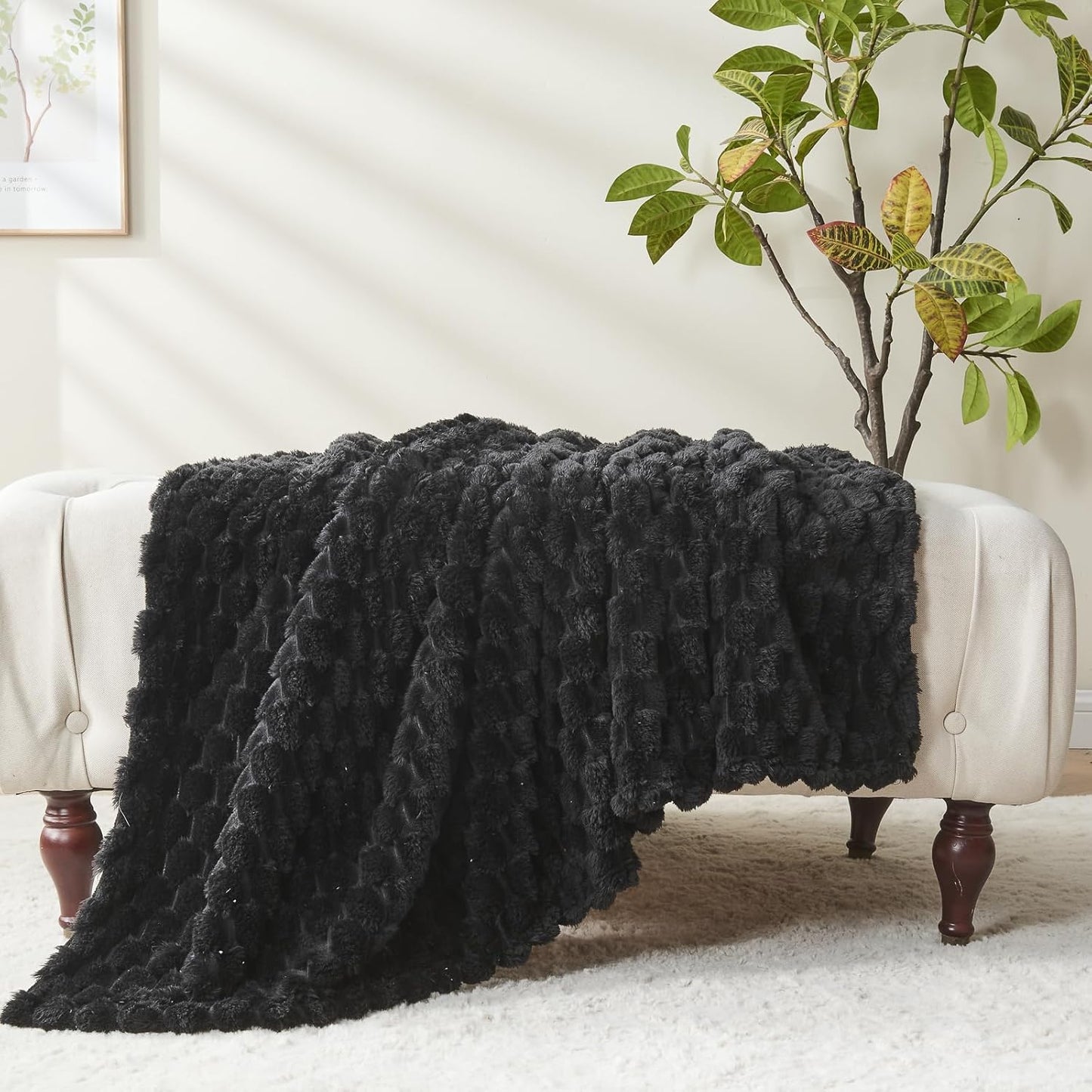 NEWCOSPLAY Super Soft Throw Blanket Black Premium Silky Flannel Fleece 3D Clouds Stylish Jacquard Lightweight Bed Blanket All Season Use 350GSM (Black, Throw(50"x60"))