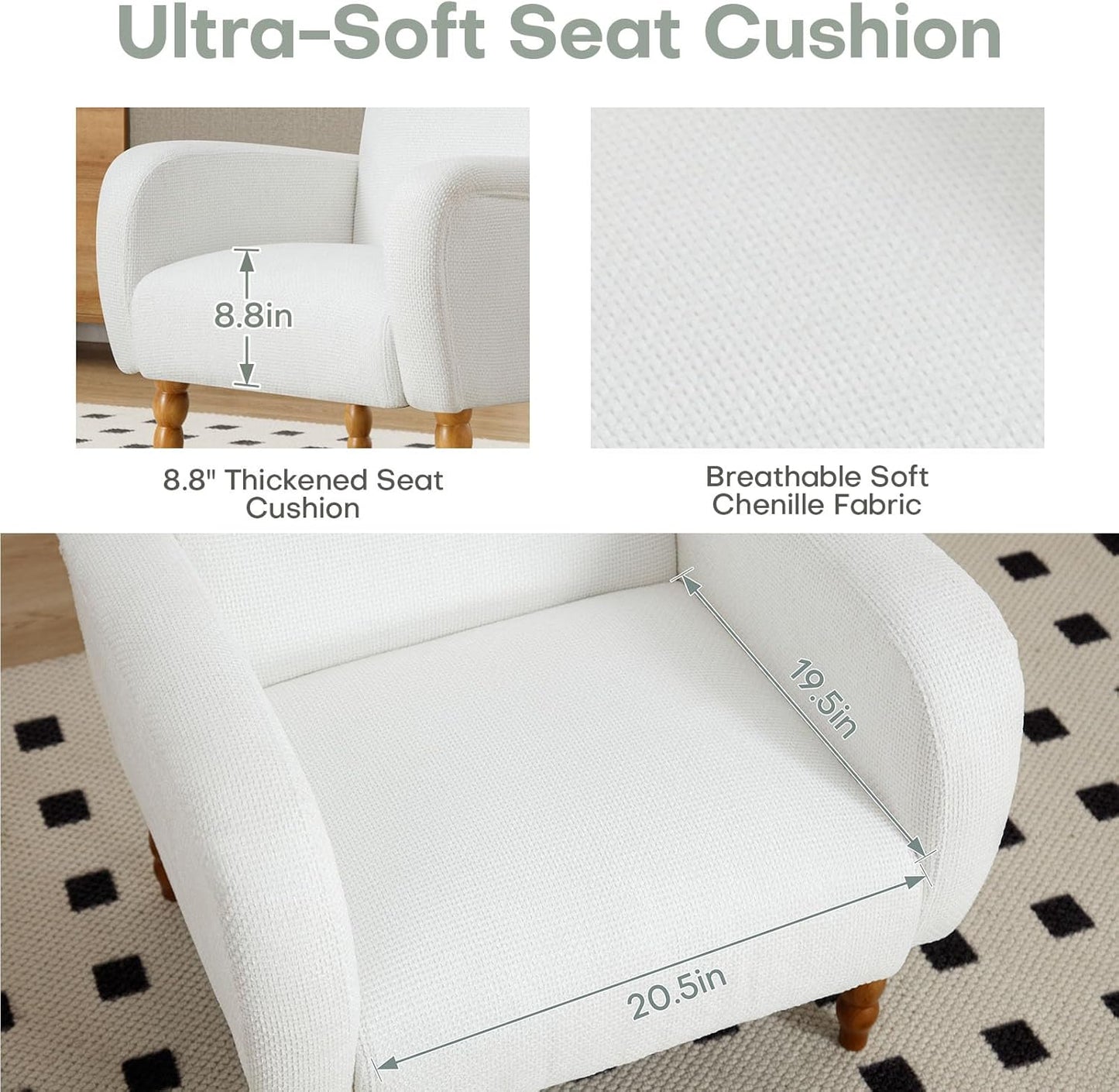 Chenille Fabric Accent Chair, Upholstered Armchair with Solid Wood Legs, Modern Living Room Accent Chair, Comfy Single Sofa Chair Reading Club Chair for Bedroom Reception Lounge, White