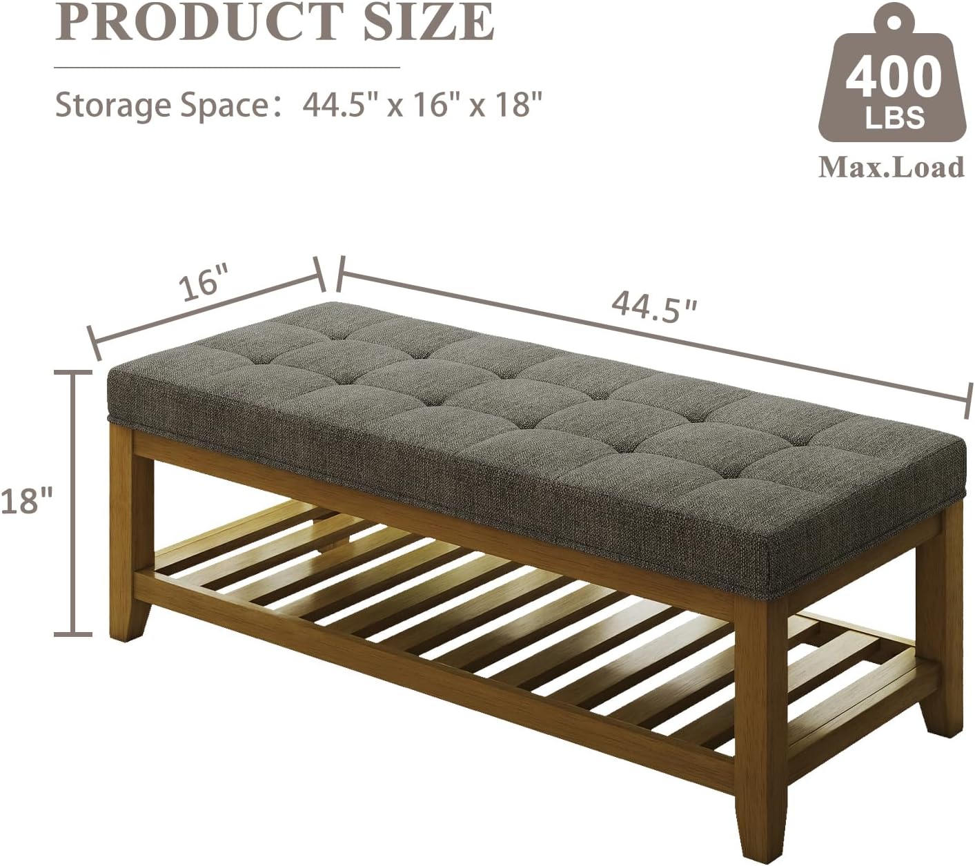 Large Rectangular Upholstered Ottoman Bench, Linen Tufted Footrest Ottoman with Solid Wood Shelf Storage Coffee Table for Bedroom Living Room, Granite