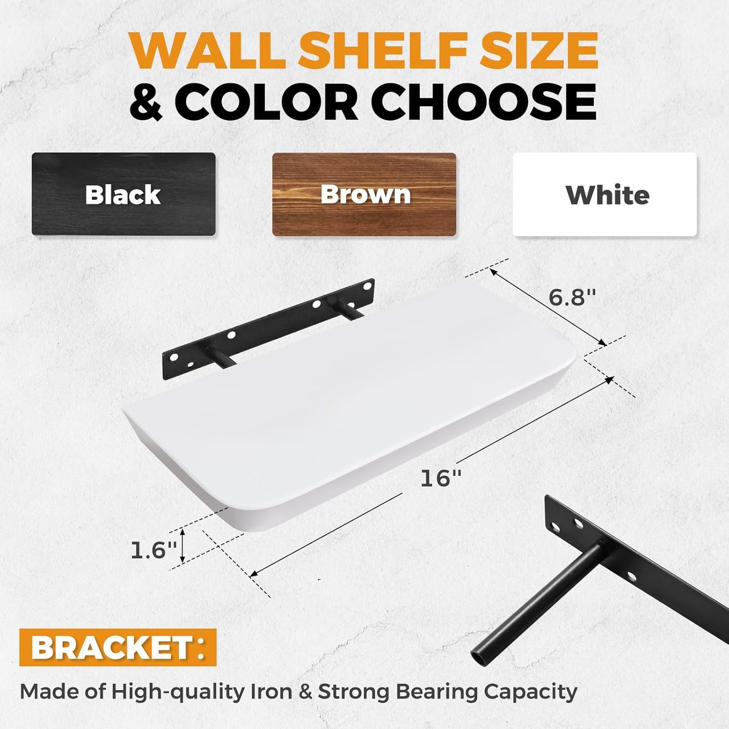 16"x6.8"x1.6" Slanted Floating Wall Shelves 2-Pack - Rustic White Finish, Heavy-Duty Solid Wood Design with Hidden Brackets - Perfect for Living Room, Kitchen, Bathroom, or Office