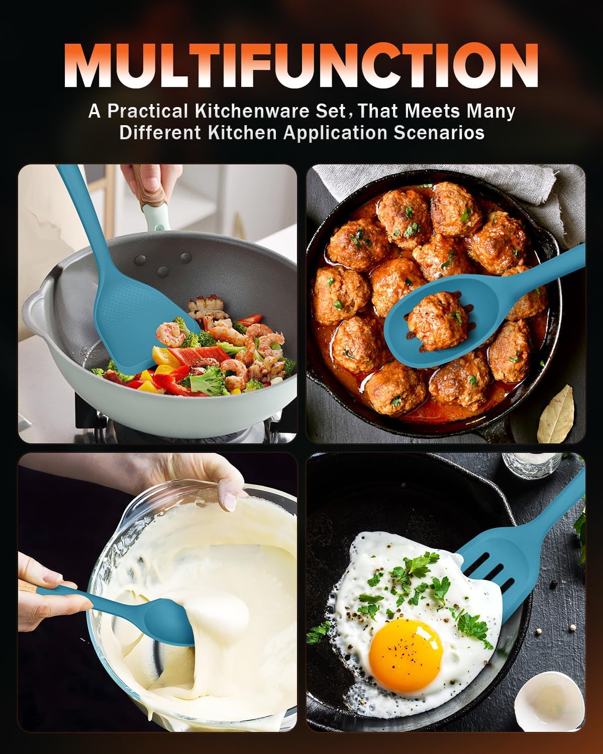 Silicone Cooking Utensils Set, Perfectly Angled for Frying, Mixing,Serving,Draining,Turning and Stirring, BPA-Free Matte Silicone, Wood Handles, Safe for Nonstick Cooking Surfaces,4 Pack (Blue)