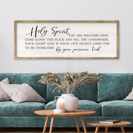 Holy Spirit You are Welcome Here Wall Decor Art 32x12 Inch Large Christian Song Bible Verse Plaque Wood Framed Sign Living Room Scripture Quote Religious For Office Wall Hanging (Wood)