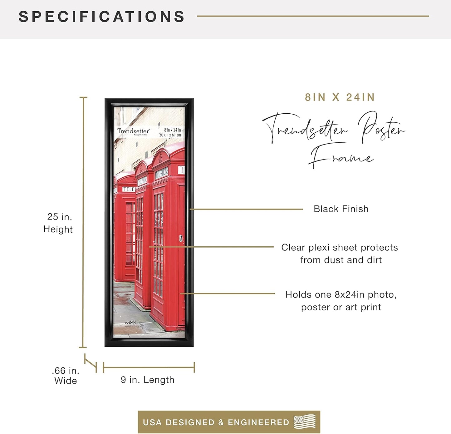 MCS Trendsetter 8x24 Poster Frame Black High-Gloss, Vertical & Horizontal Wall Hanging Large Picture Frame for Photos, Posters & Art Prints (1-Pack)