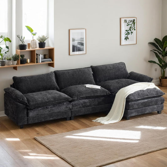Karl home Sectional Sofa Modular Deep Seat Sofa Couch with Ottoman, Chenille Sofa Sleeper Comfy Upholstered Furniture for Living Room, Apartment, Studio, Office, (3-Seat & 1-Ottoman, Black)