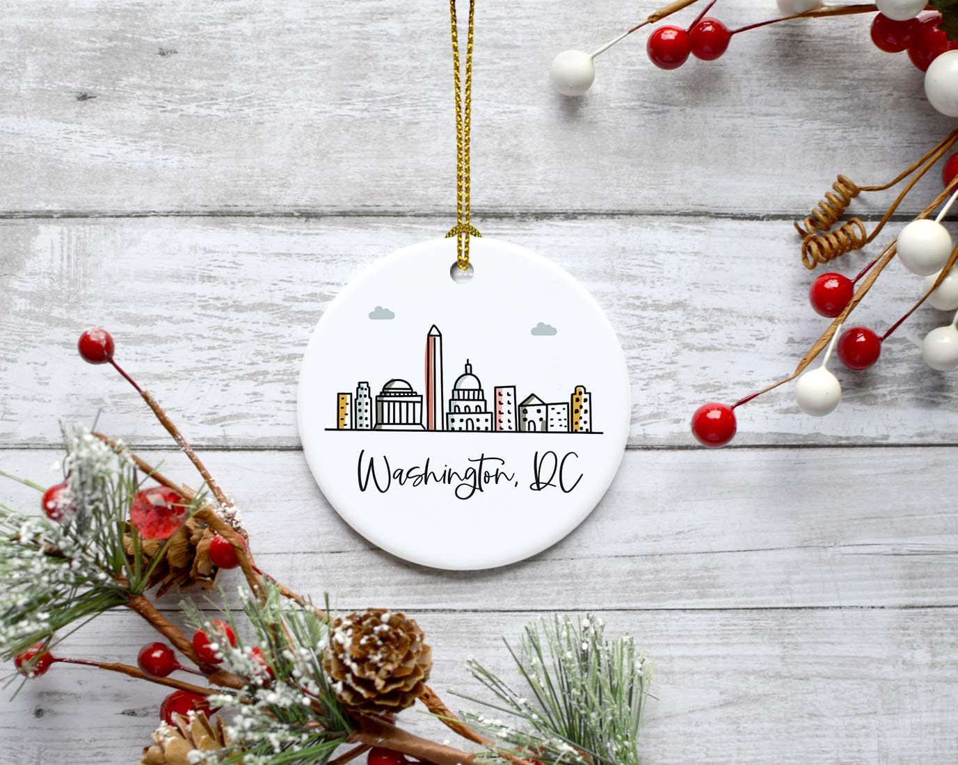 Andaz Press Round Ceramic Porcelain Christmas Tree Ornament Keepsake Gift, Washington, Dc, Colorful City Skyline Graphic, 1-Pack, Birthday Family Coworker Includes Gift Box Washington Dc Ornament 2024
