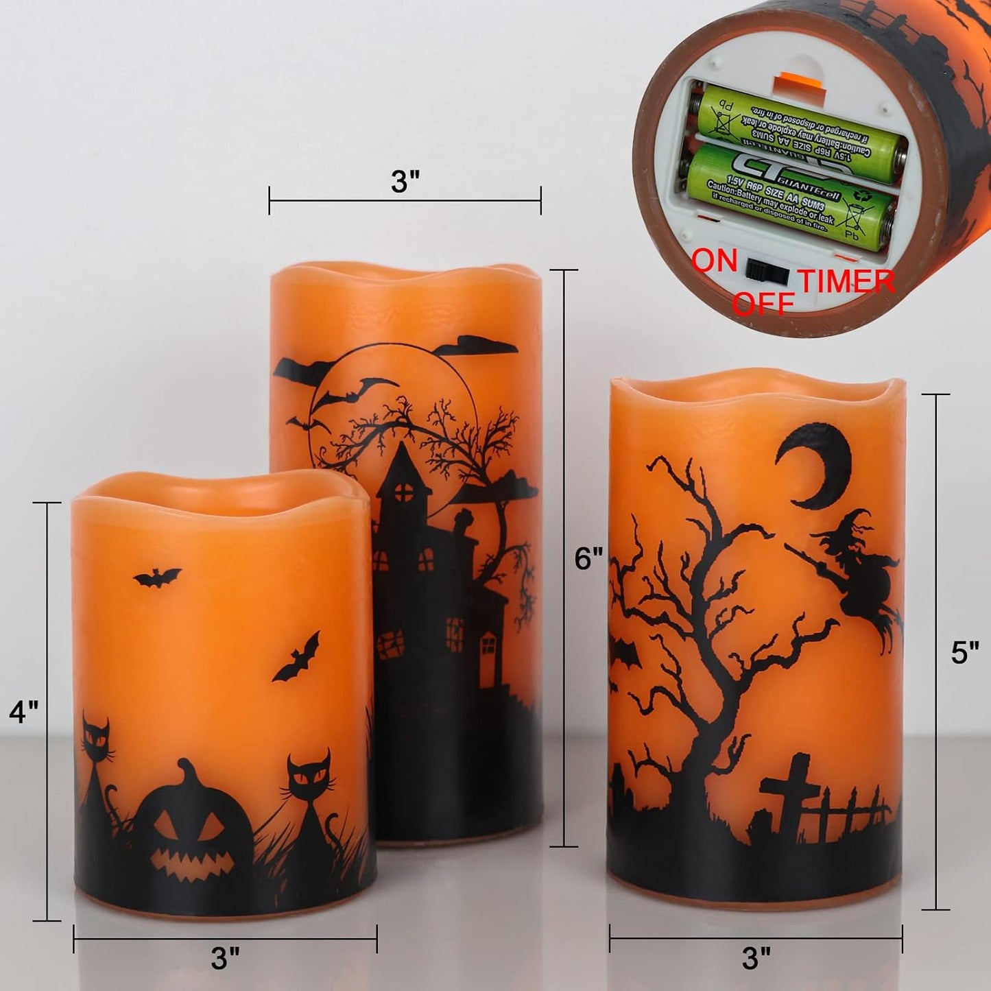 Wondise Halloween Flickering Flameless Candles with 6 Hour Timer, Battery Operated LED Real Wax Candles Set of 3 Halloween Home Decoration Gifts(3 x 4 5 6 Inch)