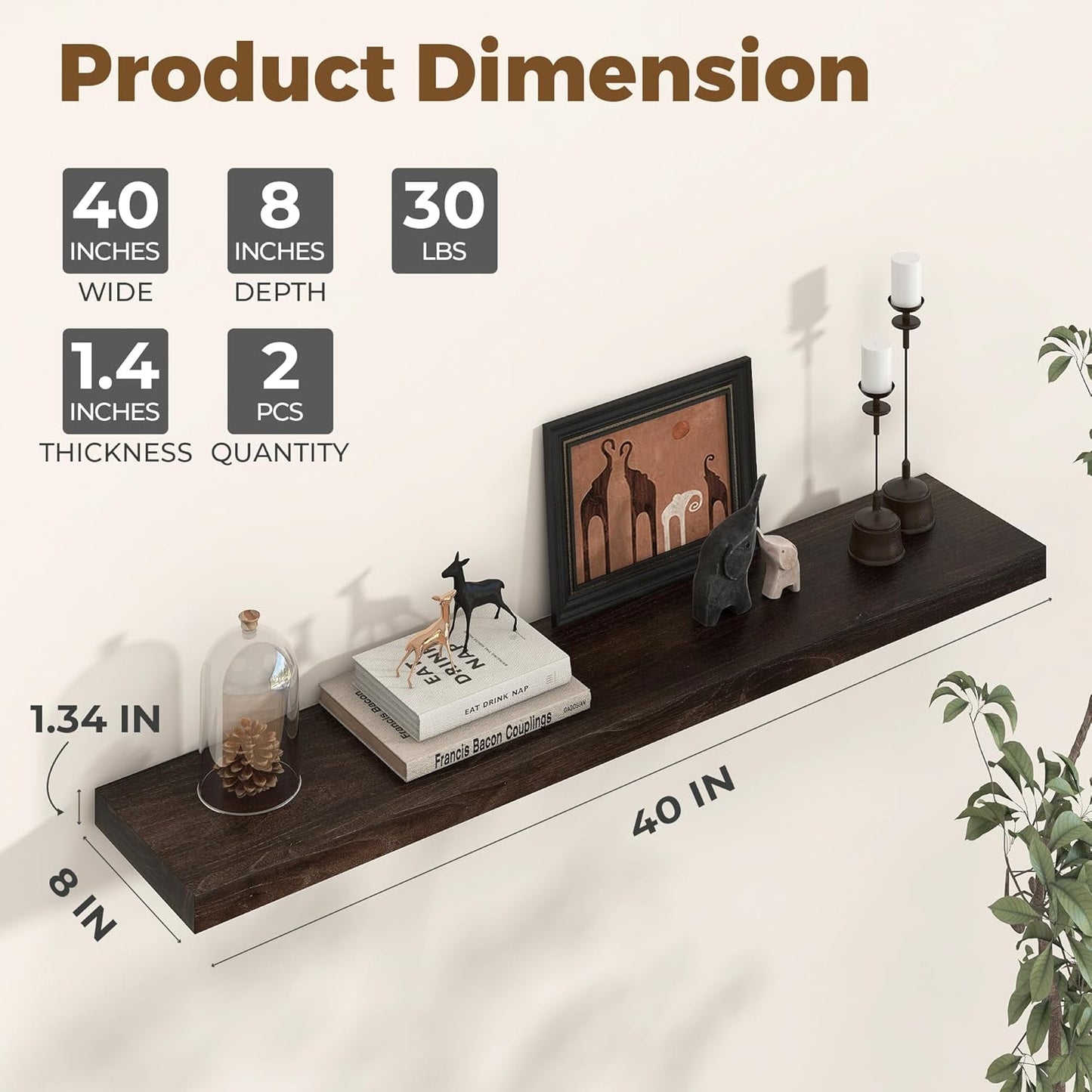 Axeman Floating Shelves for Wall - 40''W x 8'' D Rustic Solid Elm Wood Shelves for Storage, Wall Mounted Display Shelving with Invisible Heavy-Duty Metal Bracket (Walnut, 2PCs)