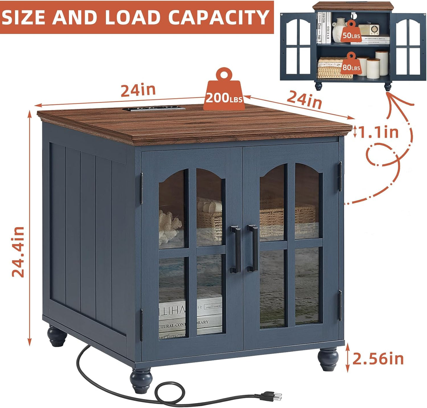 Farmhouse 24" End Table Set of 2 with Charging Station, Large Sofa Side Table with Glass Barn Door,Wood Night Stand with Adjustable Storage Shelf,Square Bedside Table for Living Room,Bedroom
