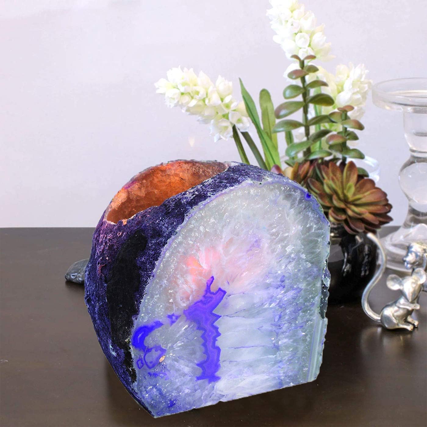 AMOYSTONE Purple Agate Rock Stone Candle Stand Cut Base 1.5-2.5 Lbs for Home Décor