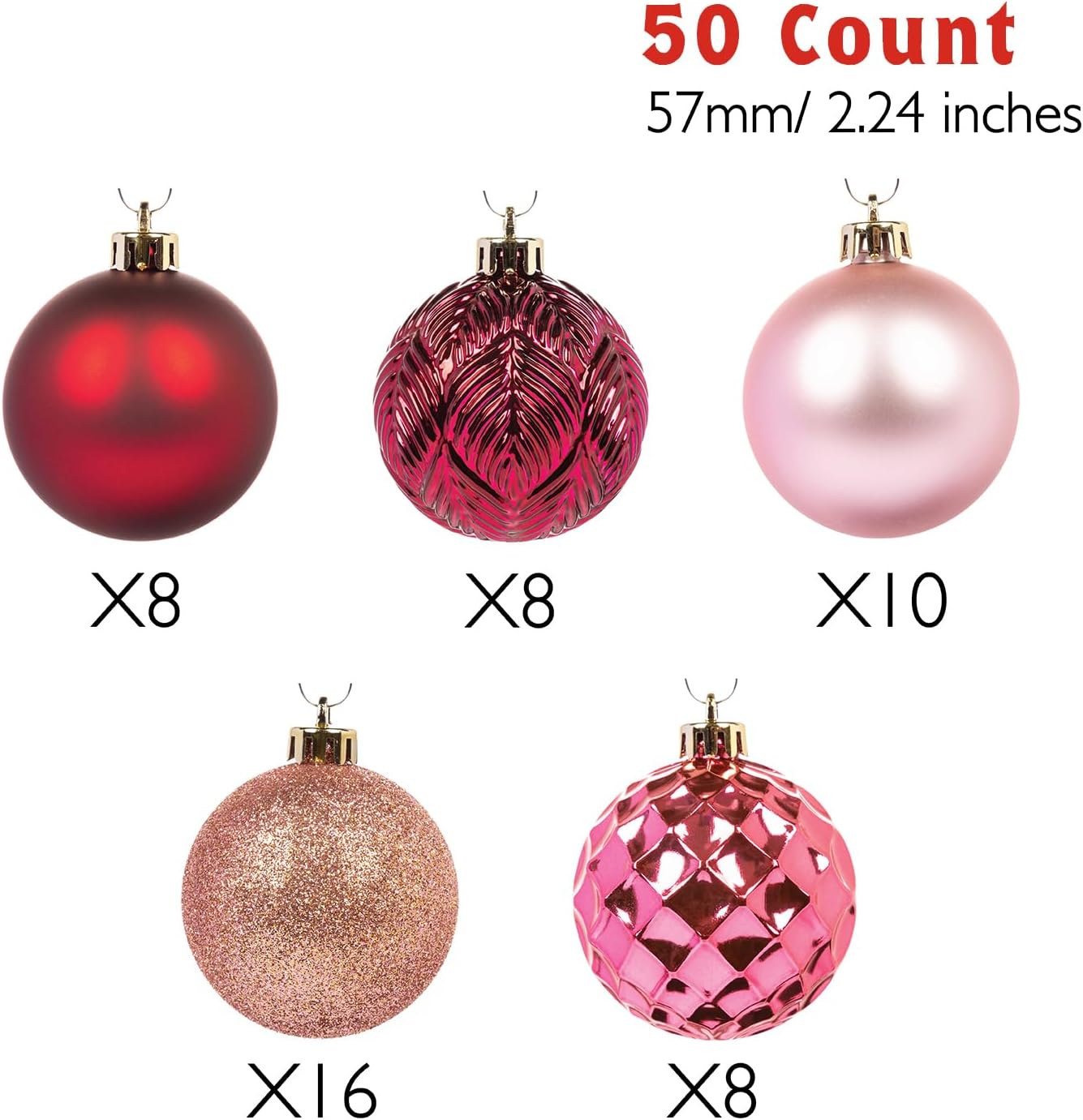Every Day is Christmas Ornaments, Shatterproof Christmas Tree Ornament Set, Christmas Balls Decoration 50 Count (2.24"/57mm, Pink Rose)