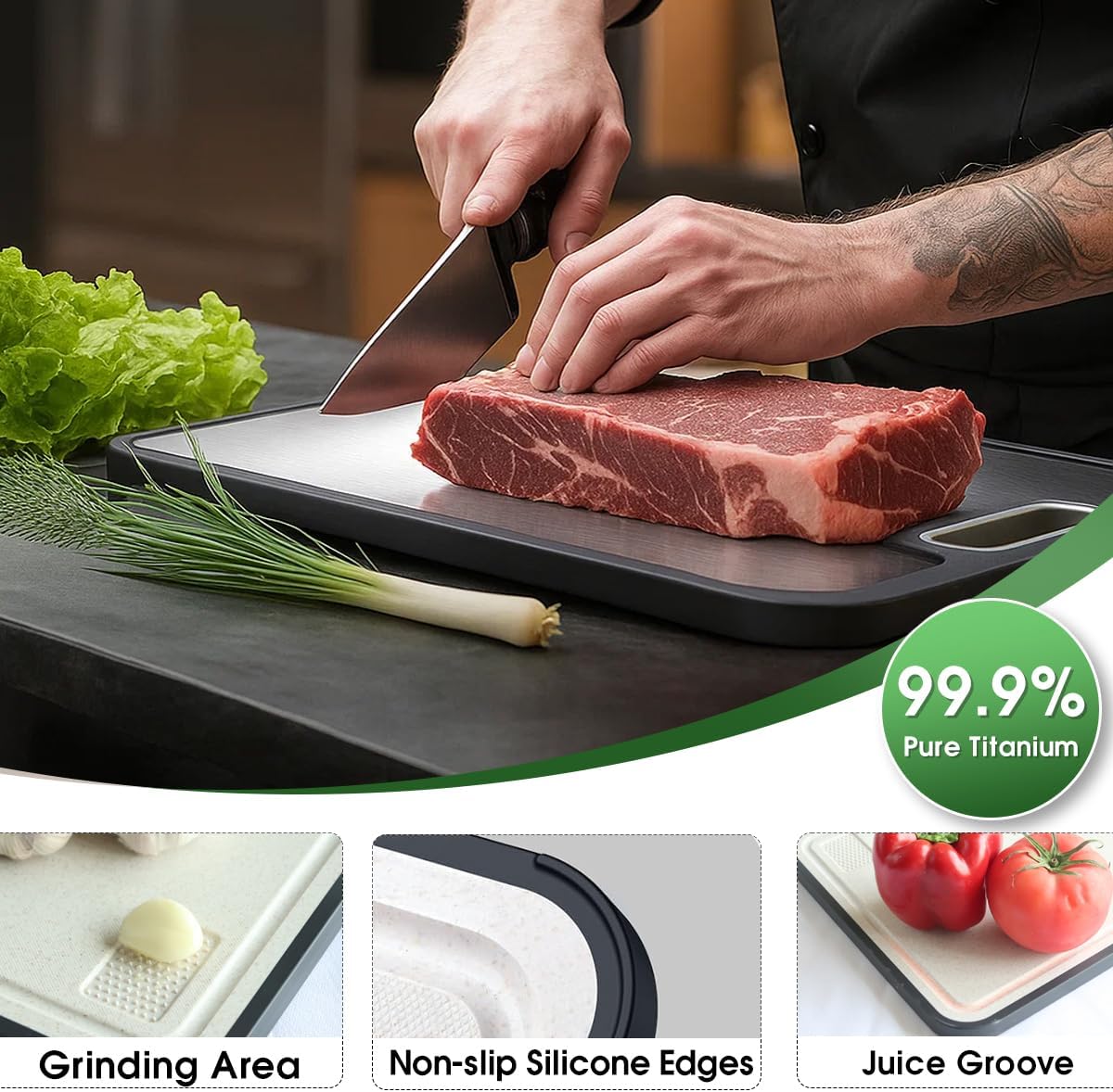 Mushu Titanium Cutting Boards for Kitchen,Upgrated Double Sided Food-Grade 100% Pure Titanium w/Wheat Straw PP Chopping Board for Meat Vegetable Fruit,Easy to Clean,Kitchen Gifts Large Size