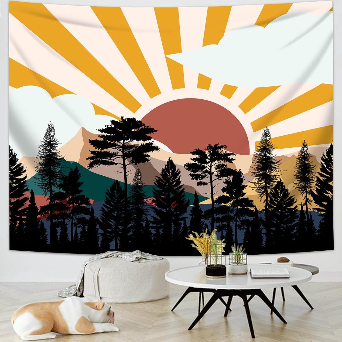 dueeia Boho Sun Tapestry Wall Hanging Abstract Mountain Tree Forest Sunset Sunrise Wall Tapestries for Mens Bedroom Living Room Wall Decor (28.7"x37.4")