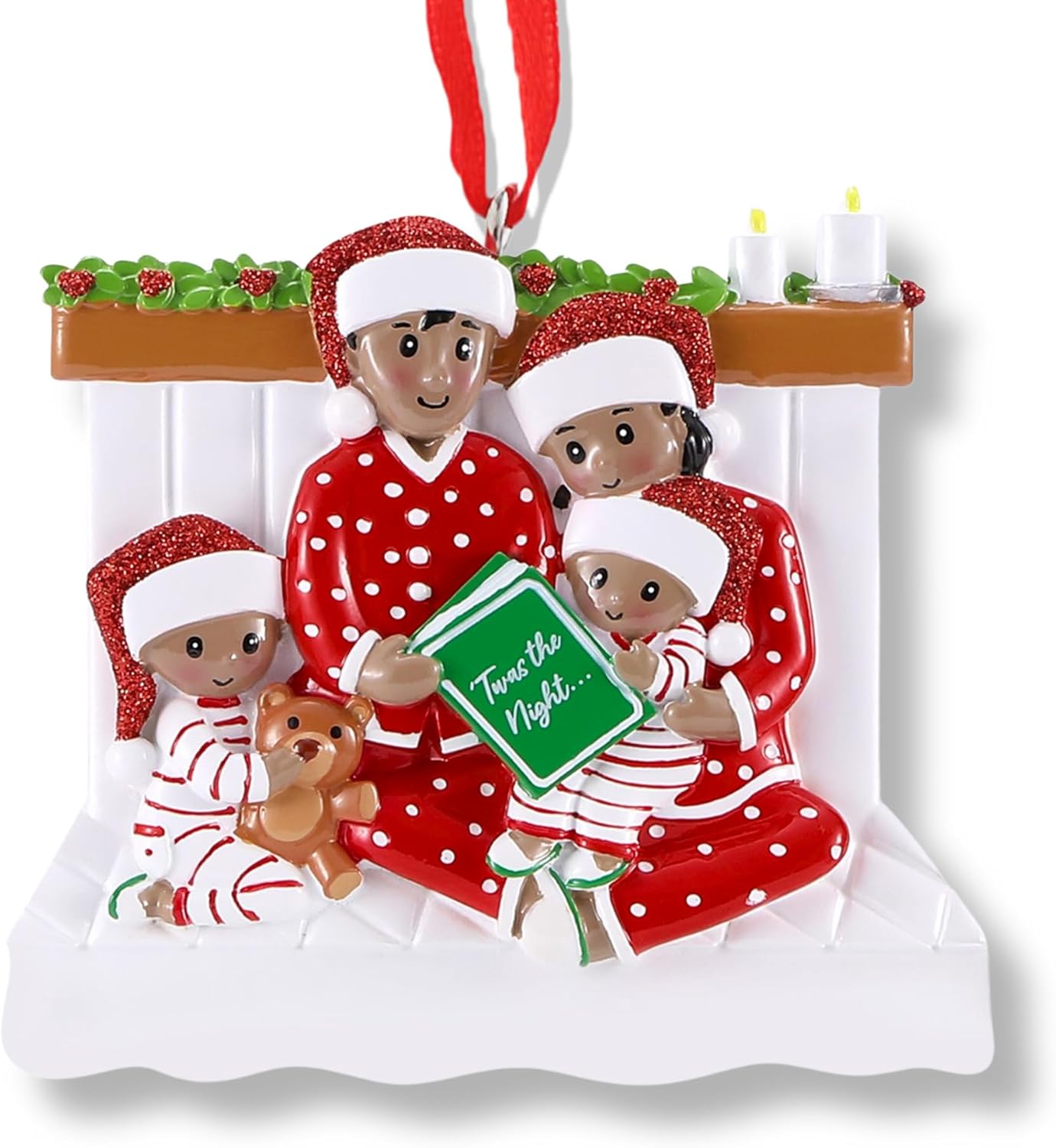 3D African American Pajama Family of 4 Christmas Ornament 2025 Personalized Family Christmas Ornaments 2025 | Black Reading a Book Personalized Tree Ornaments in Red Pajama of Four Ornament Gifts