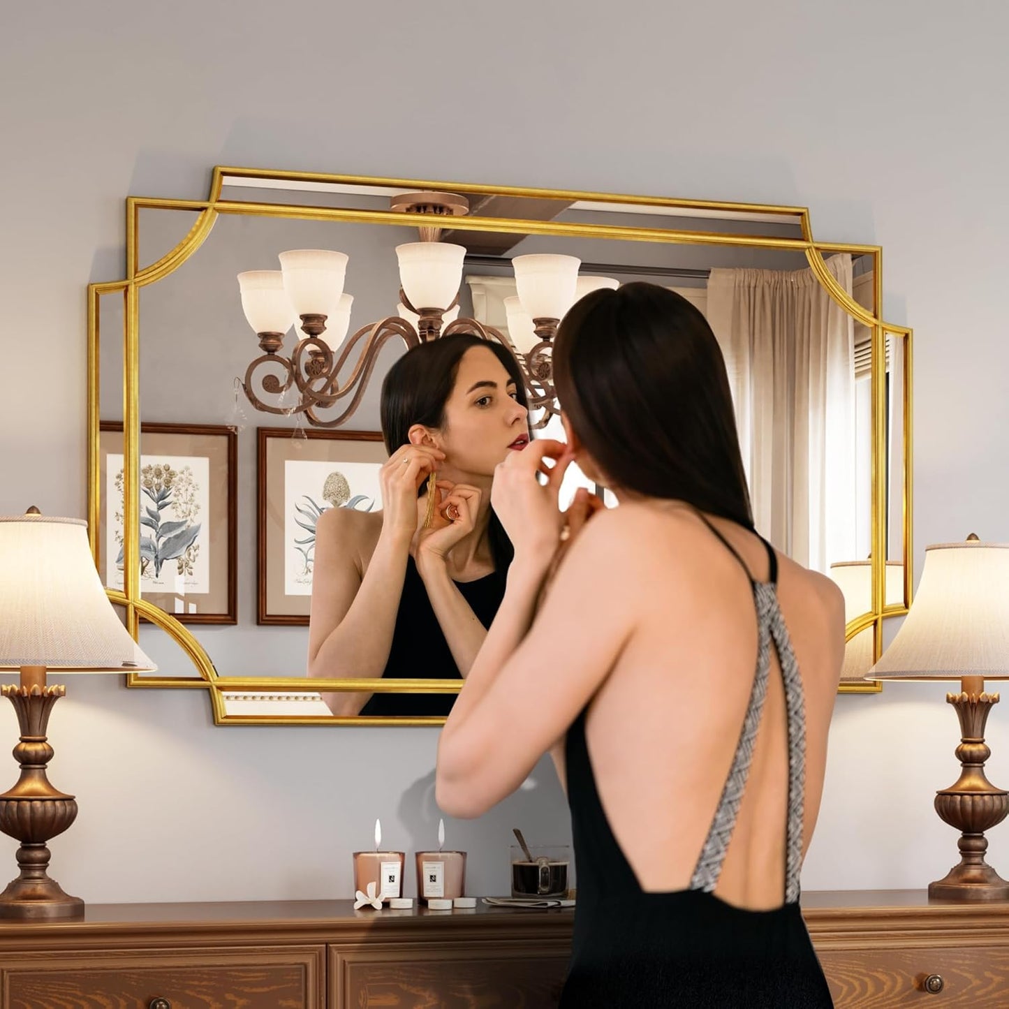 Kelly Miller Large Gold Mirror for Wall, 30"x46" Gold Bathroom Mirror Vanity Mirror Decorative Mirror Scalloped Beveled Mirror for Master Bath Half Bath Living Room Bedroom Farmhouse Fireplace Hallway